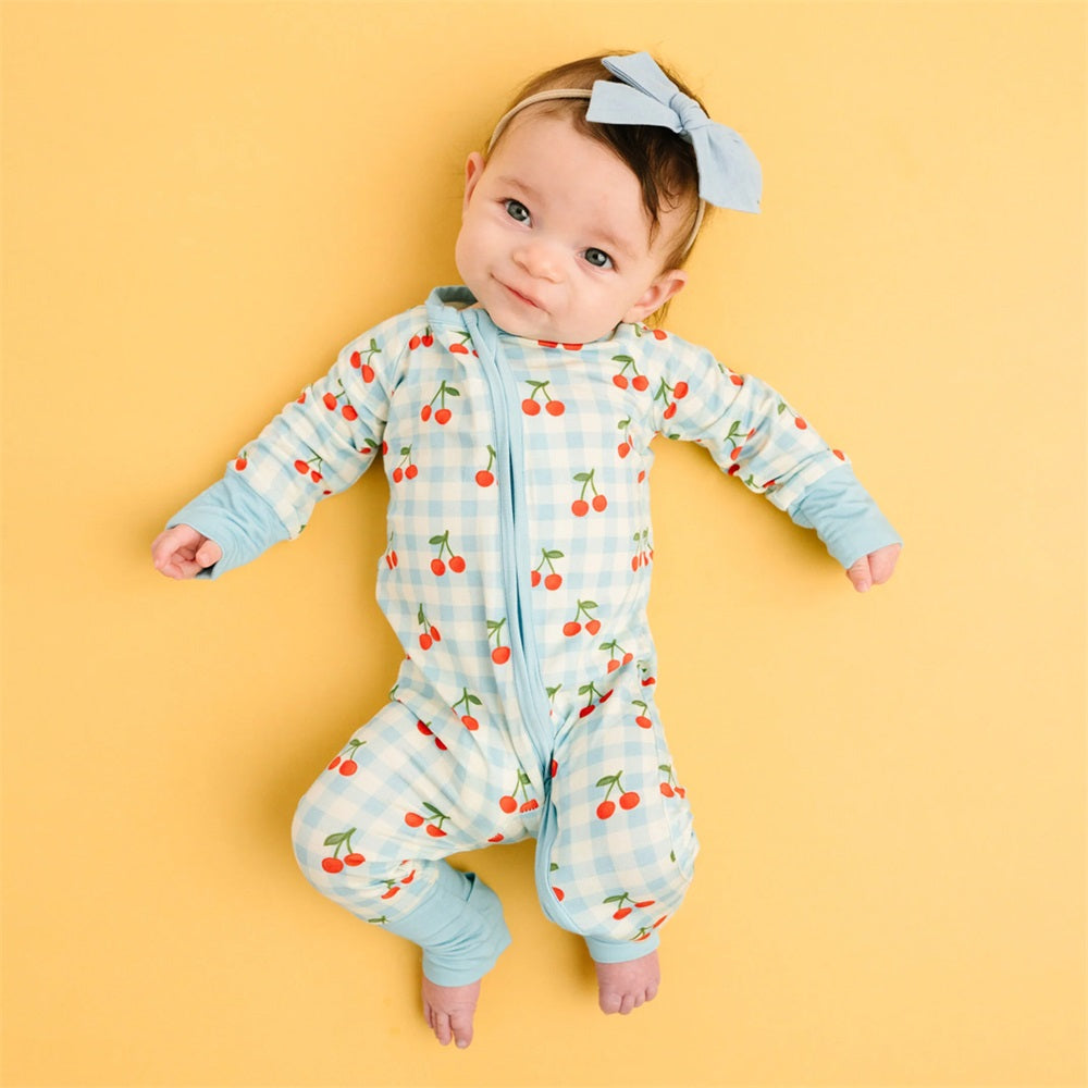 2PCS Cherry Printed Plaid Long Sleeve Zipper Baby Jumpsuit