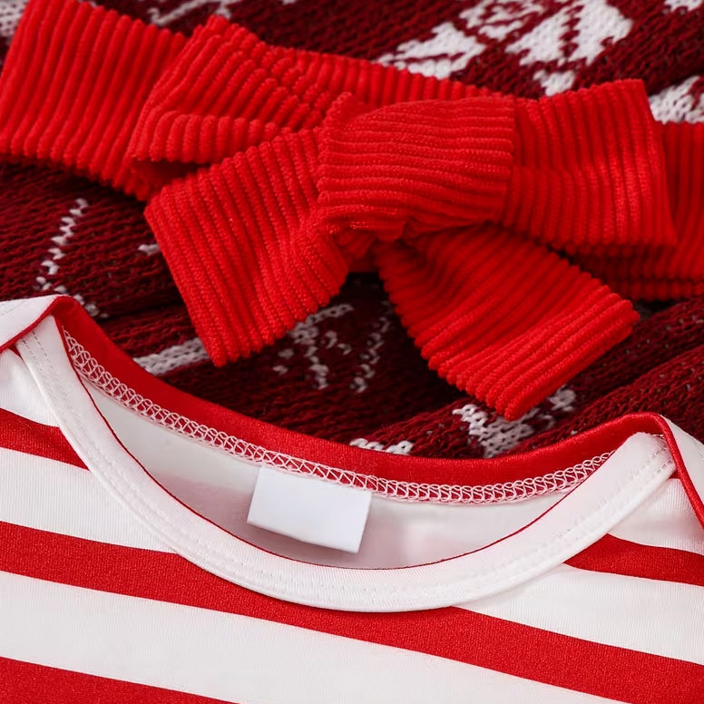 3PCS "MERRY" Embroidery Santa Applique Striped Baby Girl Overalls Set