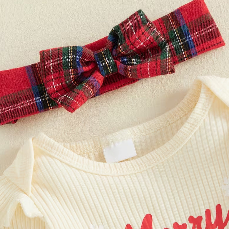 3PCS Merry Christmas Letter Holiday Print Long Sleeve Baby Girl Set