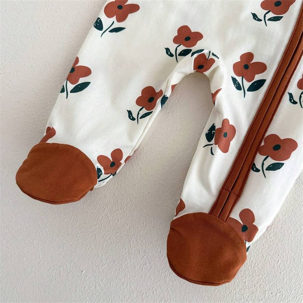 2PCS Casual Floral Printed Long Sleeve Zip Baby Jumpsuit