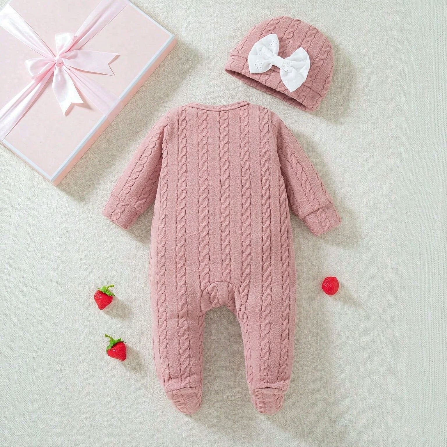2PCS Solid Color Knit Lace Trim Long Sleeve Baby Girl Jumpsuit