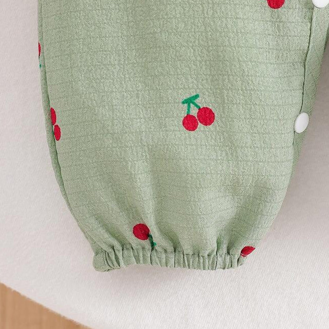 2PCS Allover Cherry Printed Ruffle Long Sleeve Baby Girl Jumpsuit