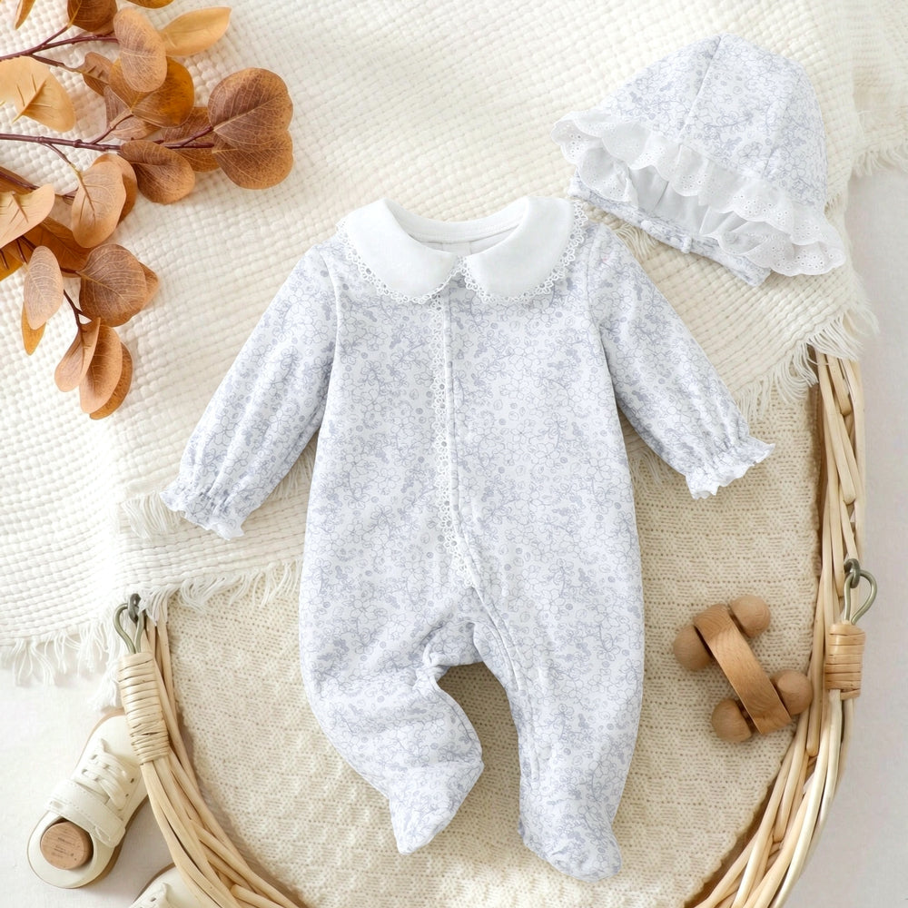 2PCS Charming Baby Girl Floral Print Lace Trim Long Sleeve Jumpsuit