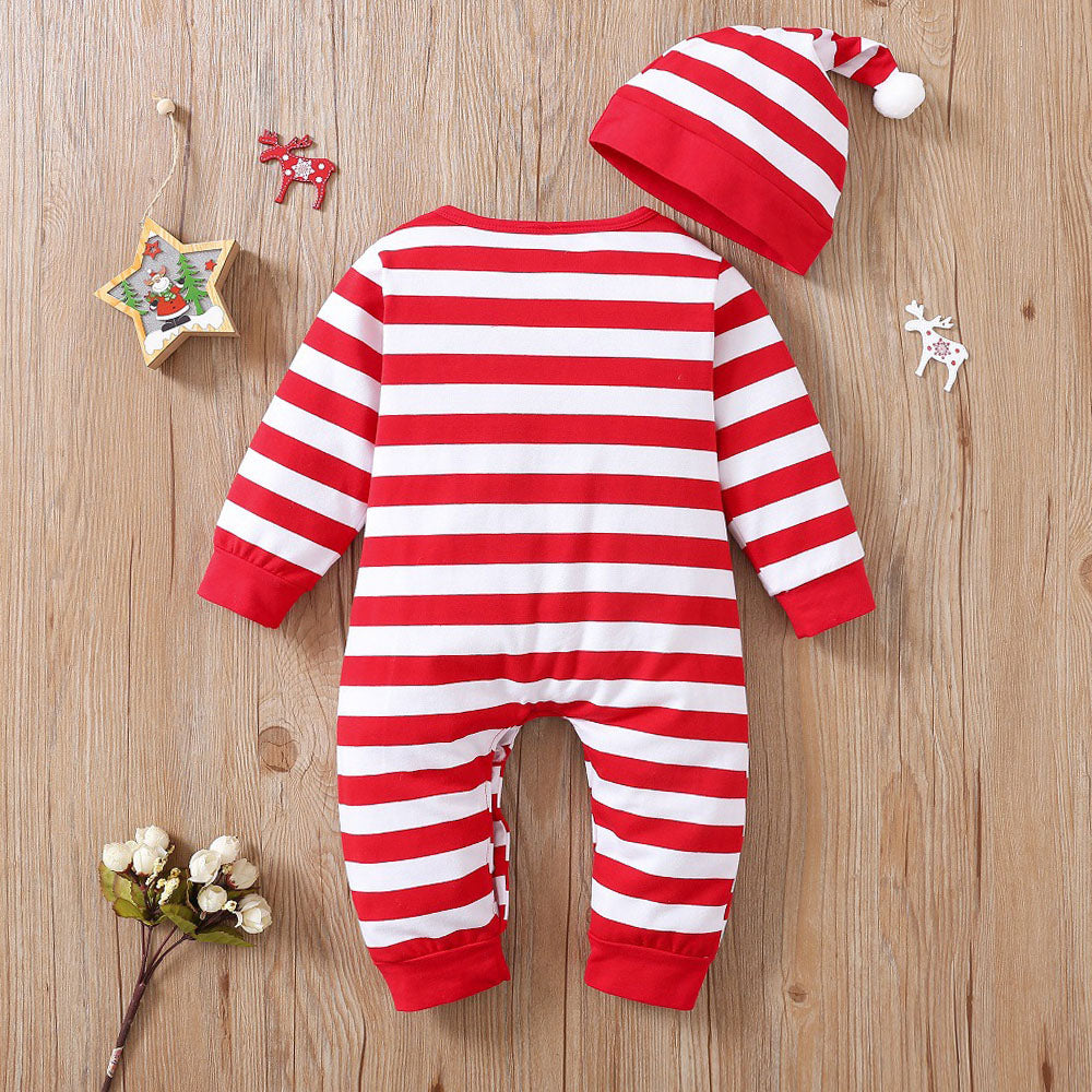 2PCS Christmas Stripe Print Long Sleeve Baby Jumpsuit
