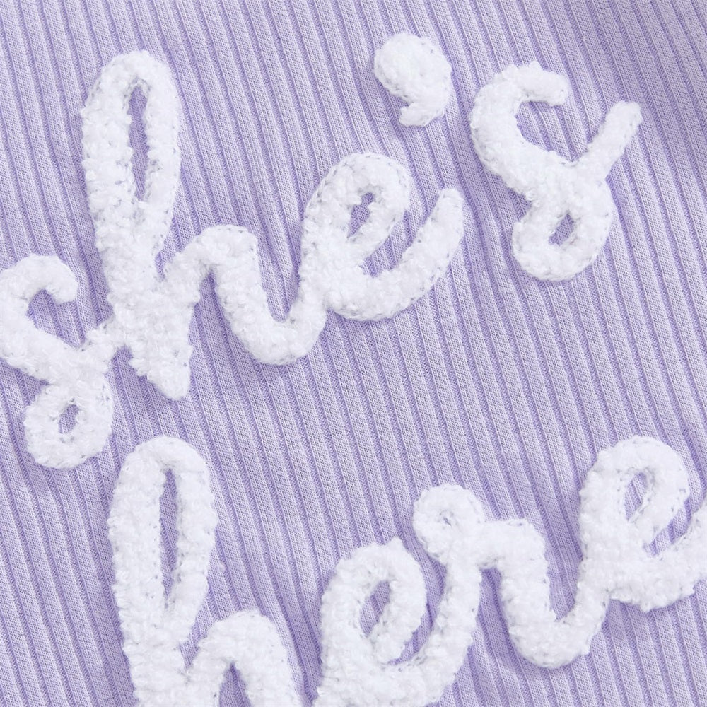 3PCS She's Here Letter Embroidery Floral Printed Fly Sleeve Baby Set