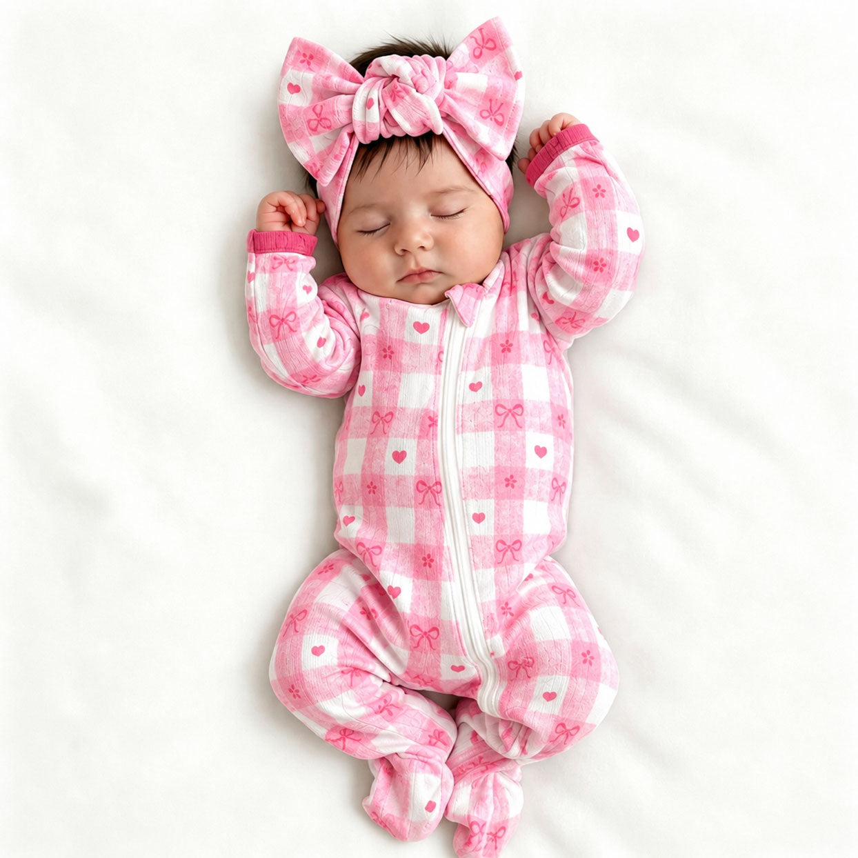 2PCS Cute Bow and Plaid Printed Long Sleeve Zipper Baby Girl Jumpsuit