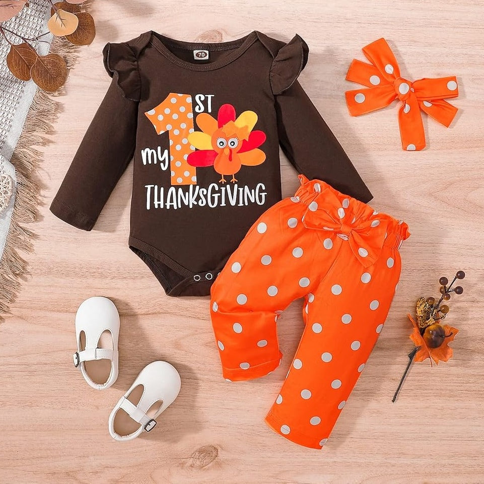3PCS My 1st Thanksgiving Letter Polka Dot Printed Baby Set
