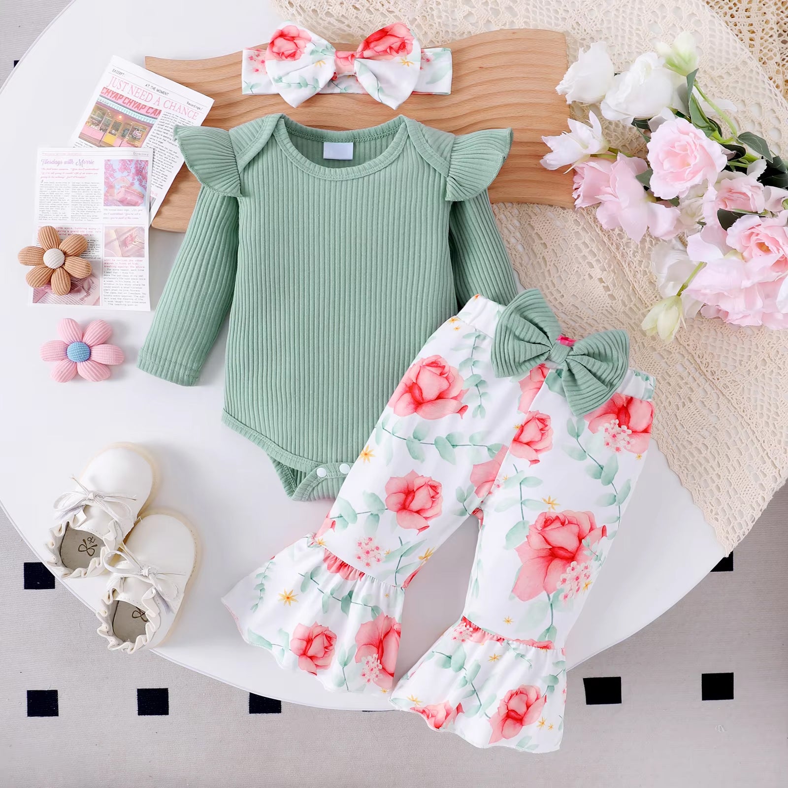 3PCS Adorable Floral Printed Bowknot Long Sleeve Baby Set