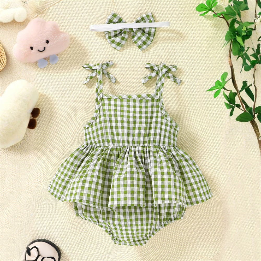 2PCS Trend Plaid Printed Bow Strappy Baby Romper