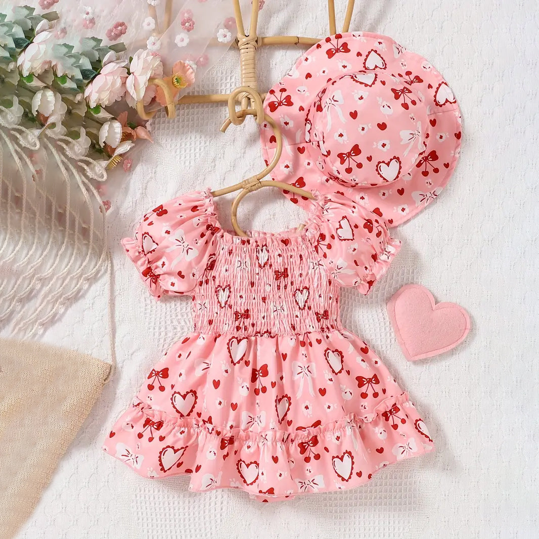 2PCS Casual Bow Love Printed Short Sleeve Baby Romper with Hat