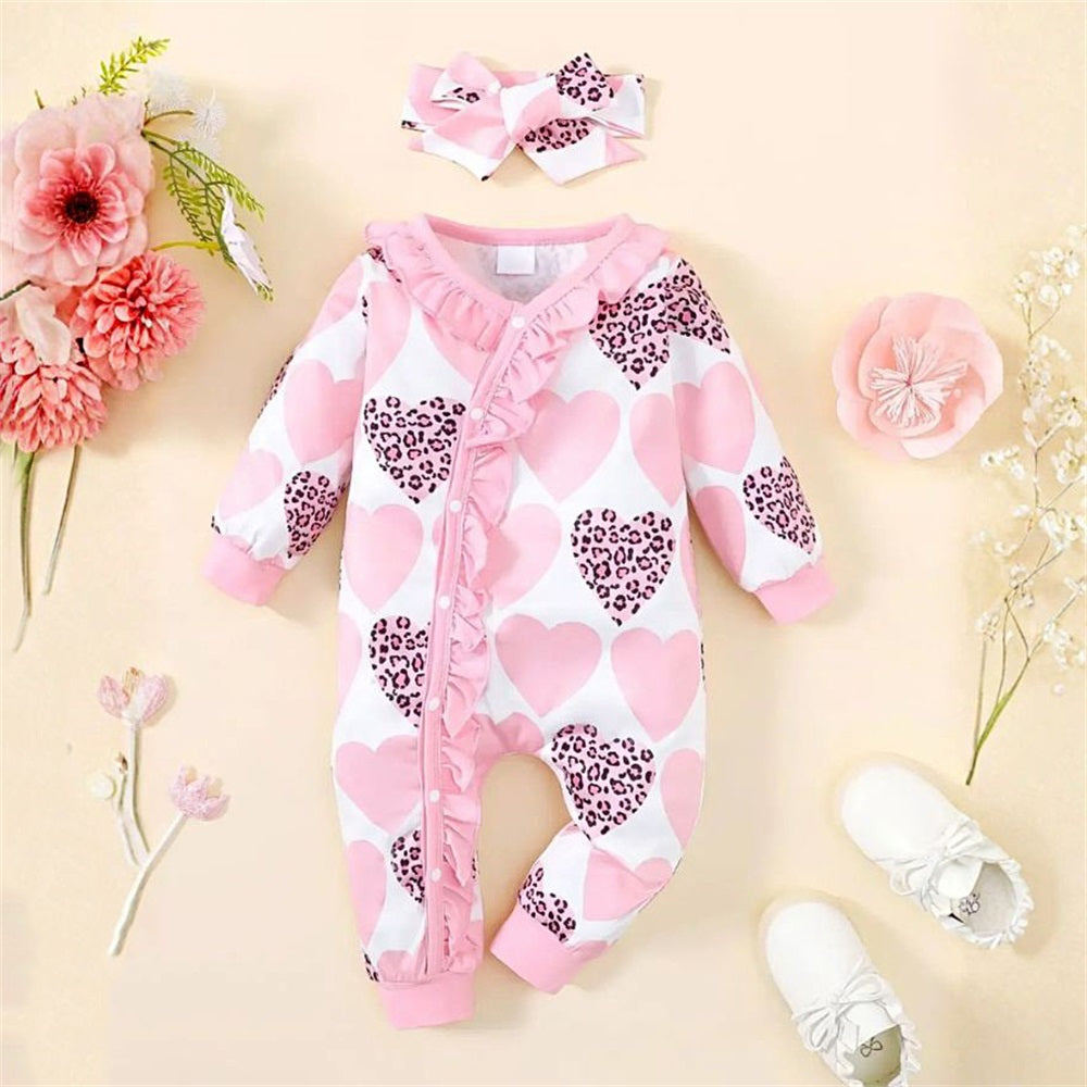 2PCS Playful Heart Printed Ruffle Long Sleeve Baby Jumpsuit