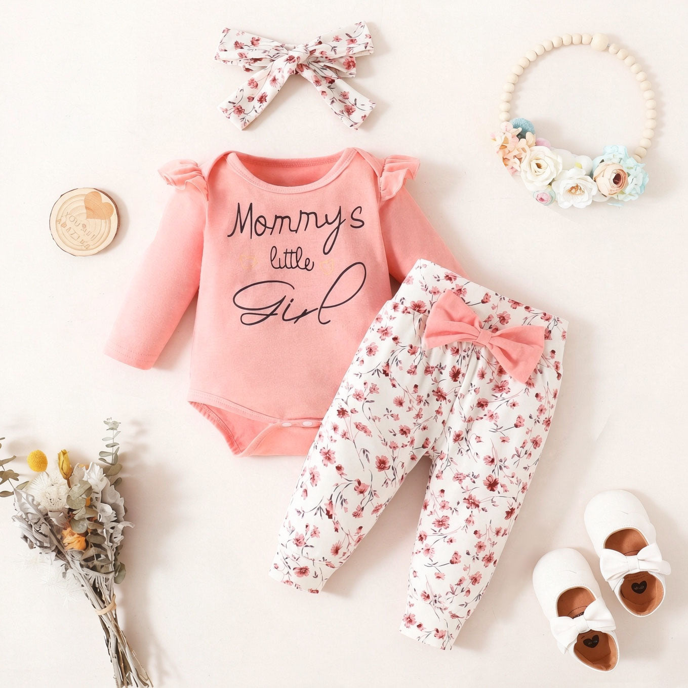 3PCS Bubbly Mama's Little Girl Letter Floral Printed Baby Set