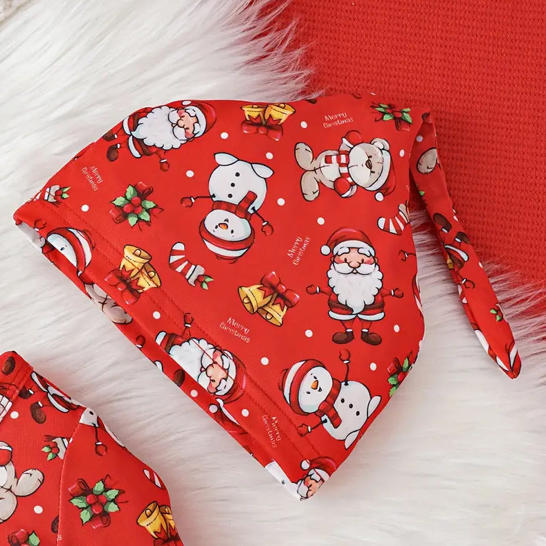 2PCS Allover Cute Santa Claus Printed Long Sleeve Baby Jumpsuit With Hat