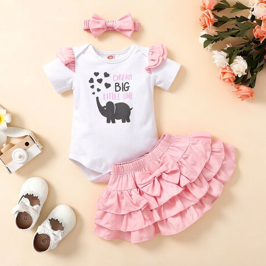 3PCS Dream Big Little One Letter Elephant Print Short Sleeve Baby Set