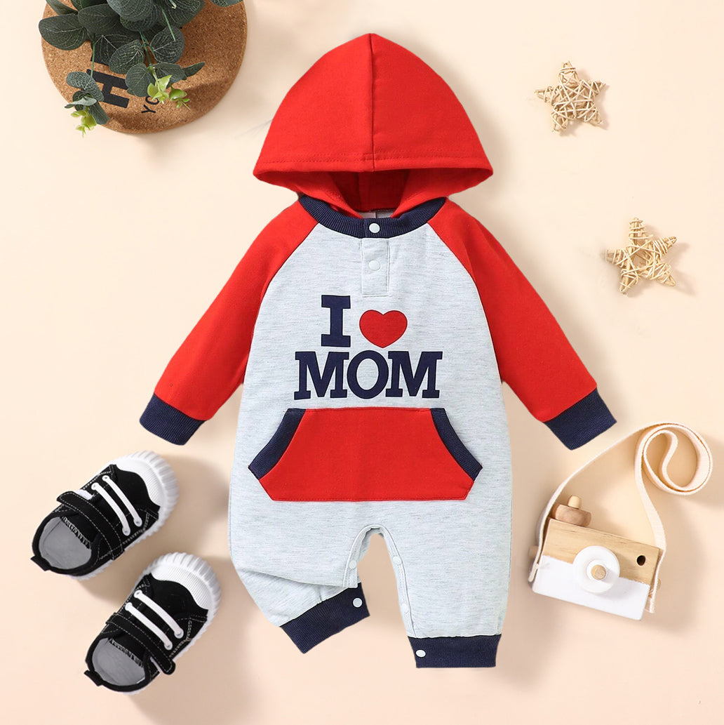 "I Love Mom" Letter Print Color Blocking Pocket Hooded Baby Jumpsuit