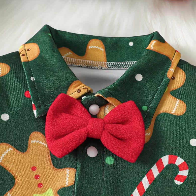 2PCS Gingerbread Man Candy Cane Print Long Sleeve Baby Overalls Set
