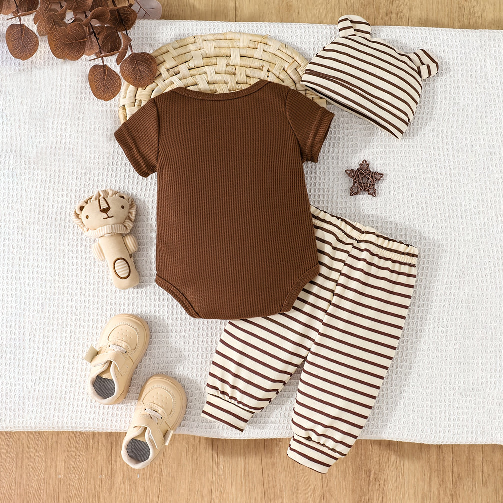 3PCS Cute Tiger Appliqué Stripe Print Short Sleeve Baby Set
