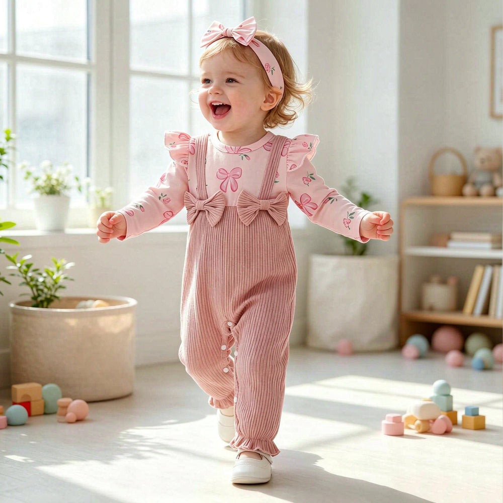 2PCS Pretty Floral Bow Print Ruffle Long Sleeve Baby Jumpsuit