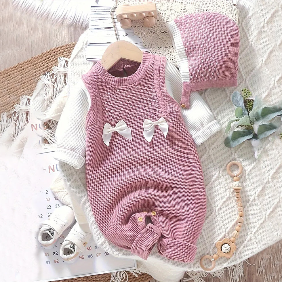 2PCS Lovely Knit Long Sleeve Bow Baby Jumpsuit