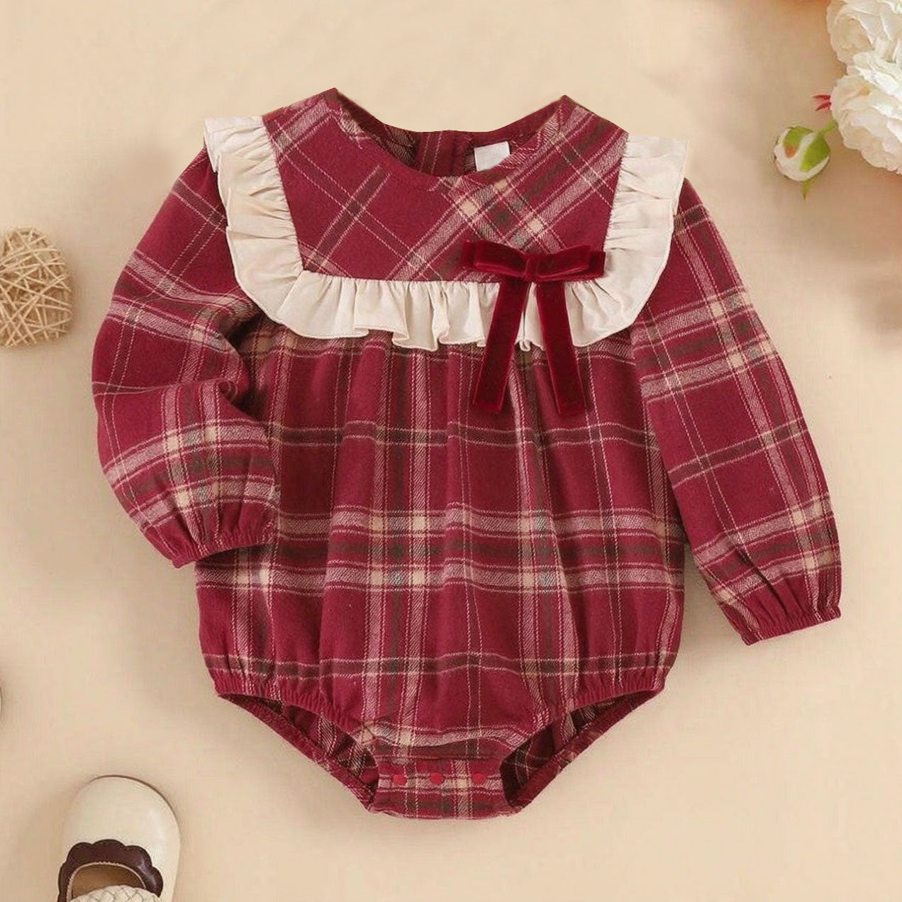 2PCS Refined Plaid Printed Ruffled Long Sleeve Baby Romper