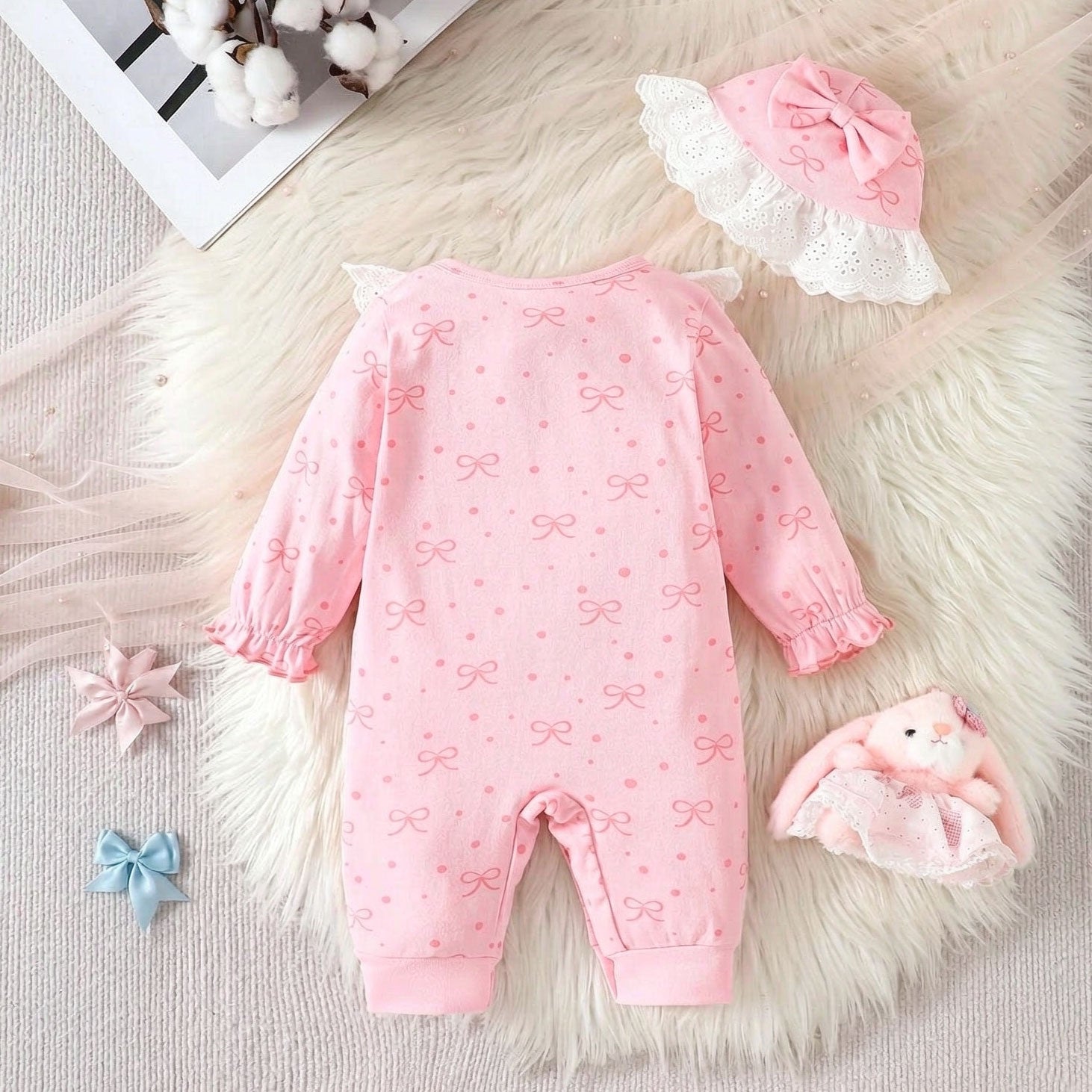 2PCS Charming Bow Printed Ruffle Long Sleeve Baby Jumpsuit