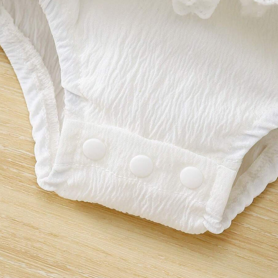 Sweet Solid Color Fabric Rosette Eyelet Lace Short Sleeve Baby Romper