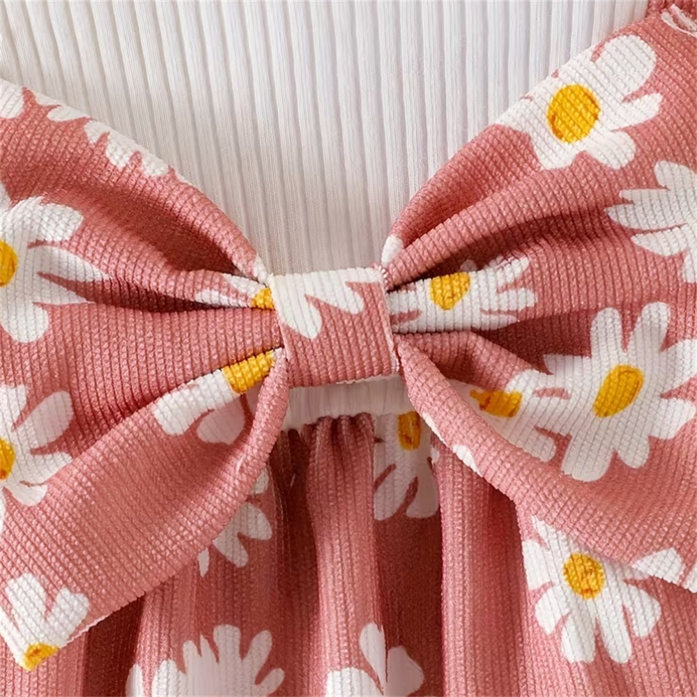 2PCS Cute Floral Print Bow Decor Long Sleeve Baby Jumpsuit