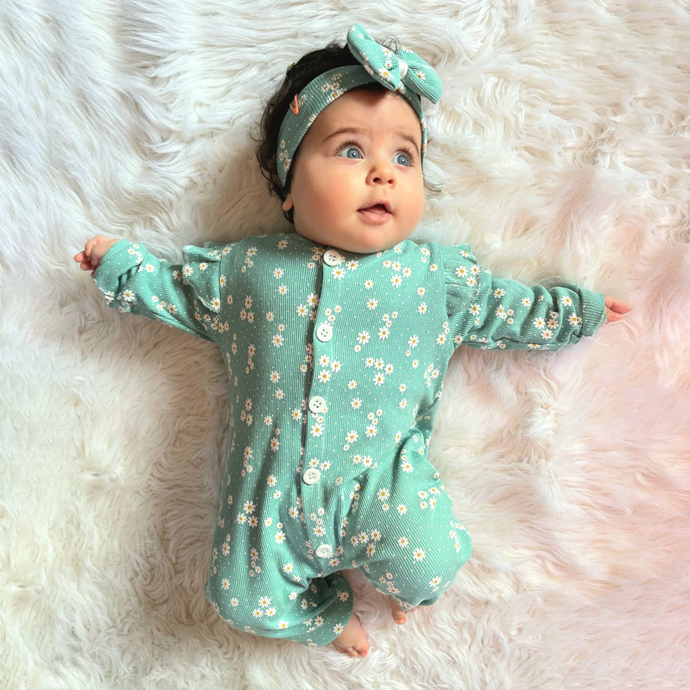 2PCS Cute Little Floral Print Ruffle Long Sleeve Baby Jumpsuit