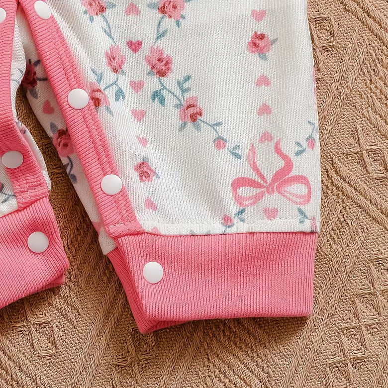 2PCS Delightful Floral Bow Print Ruffle Baby Jumpsuit