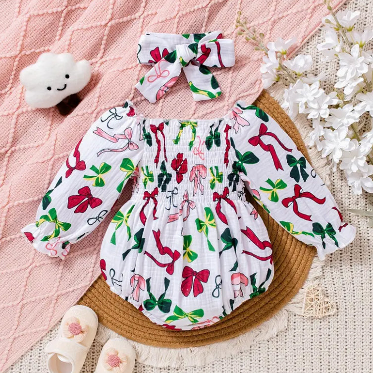 2PCS Bow Printed Long Sleeve Baby Romper