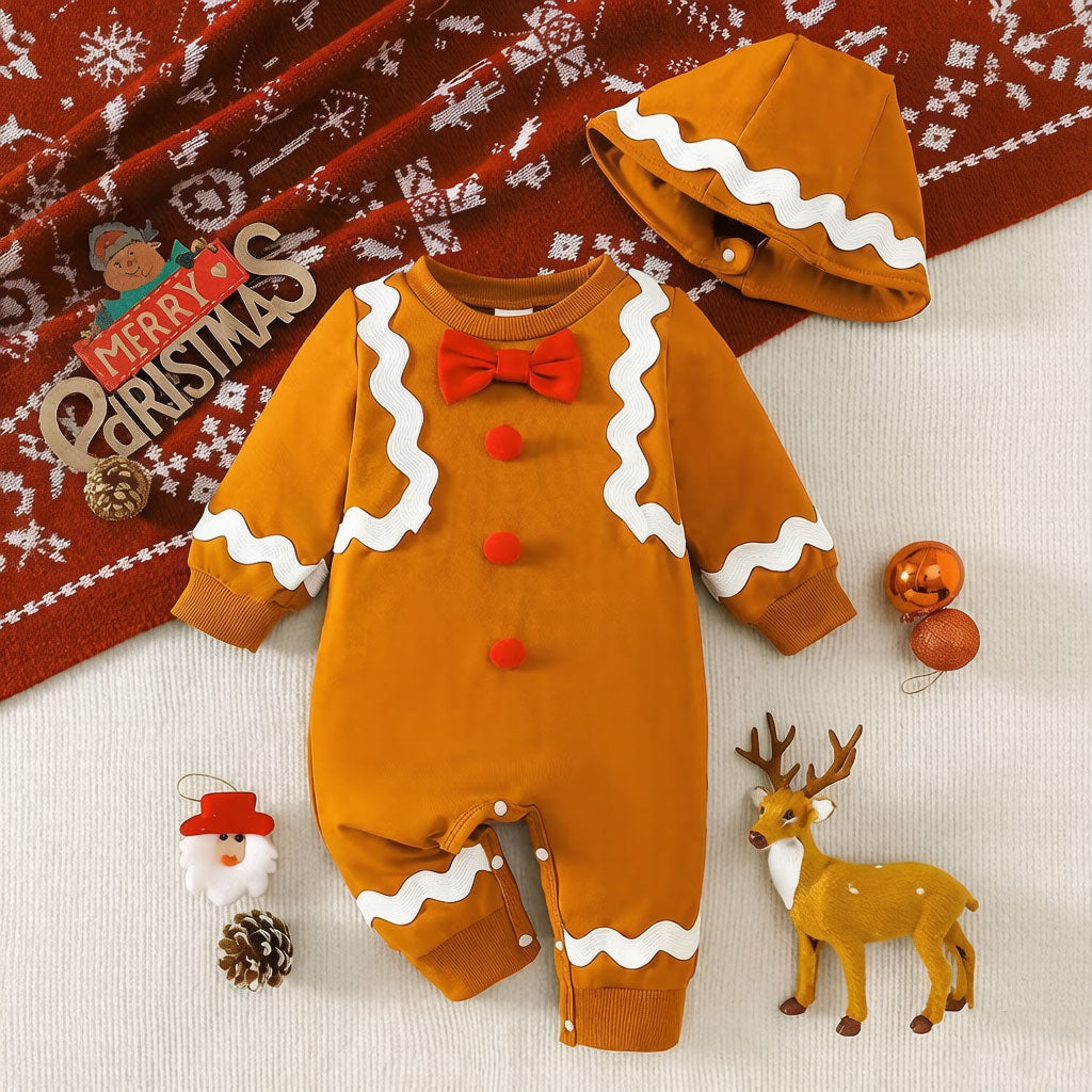 2PCS Christmas Gingerbread Decor Long Sleeve Baby Jumpsuit