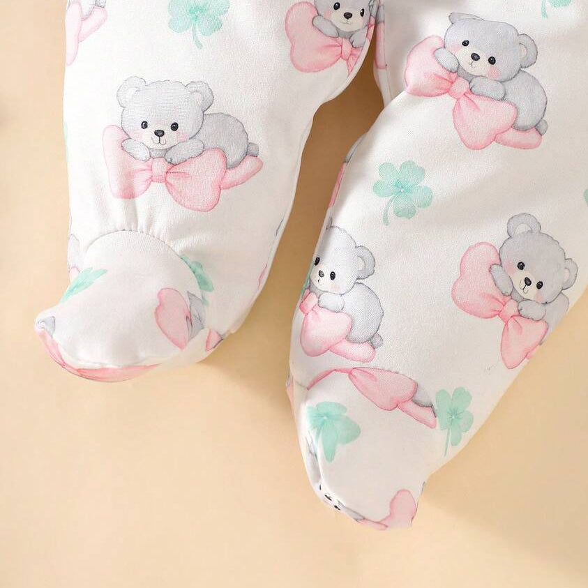 3PCS Lovely Bow Bear and Clover Print Long Sleeve Baby Set