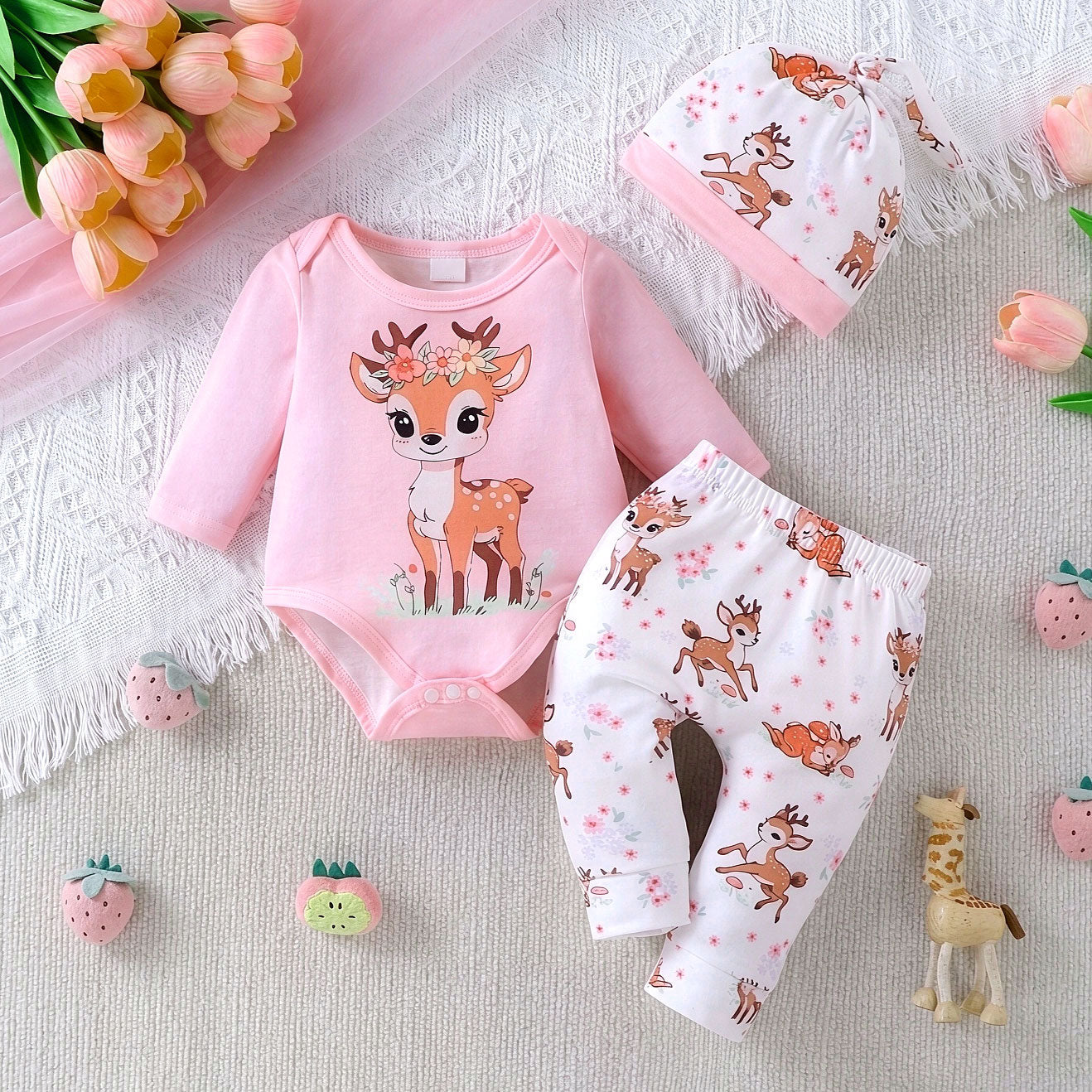 3PCS Cute Little Deer Floral Print Long Sleeve Baby Set