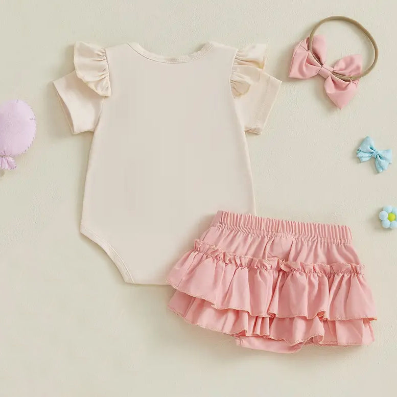 3PCS Summer 3D Flower Short Sleeve Baby Girl Set