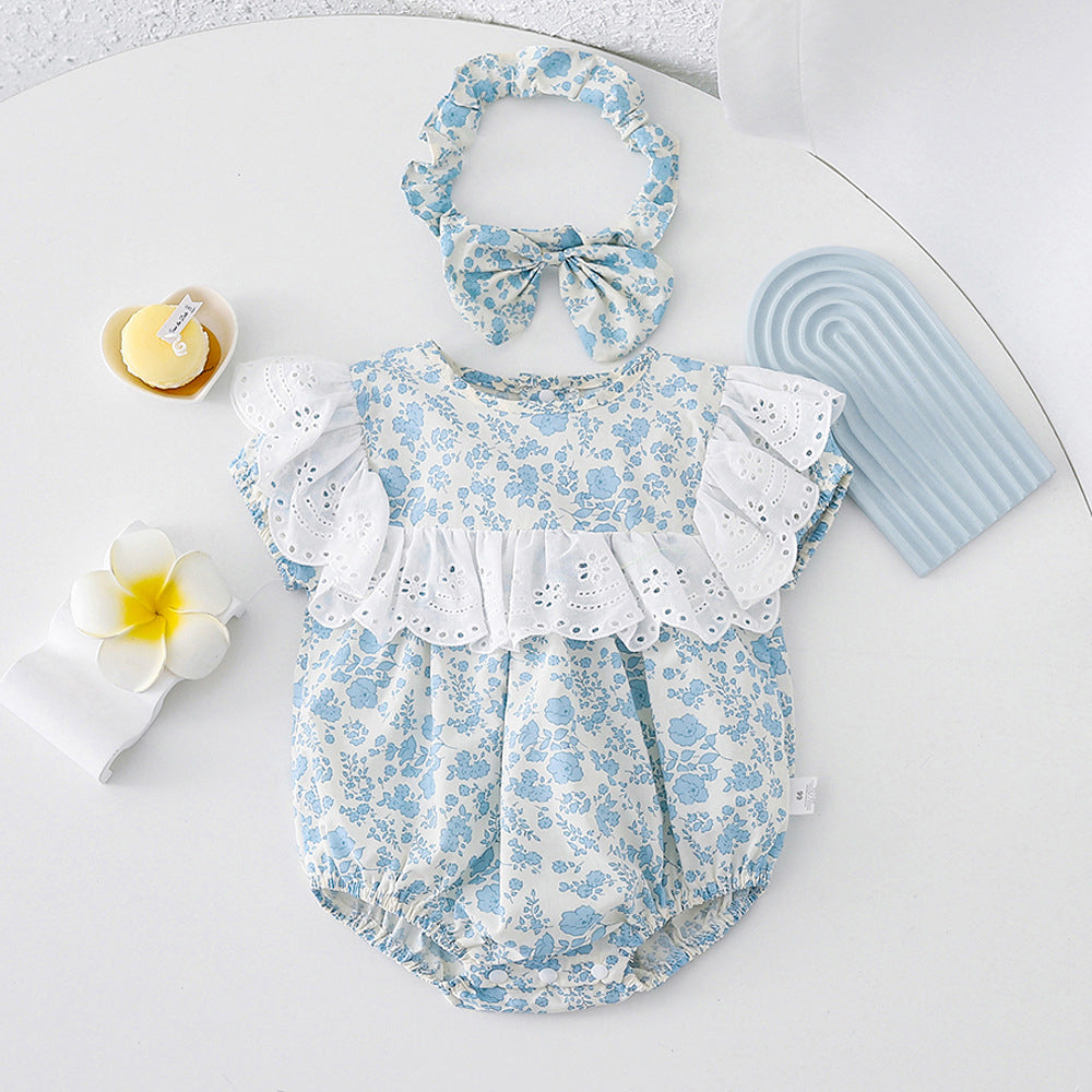 2PCS Cute Floral Printed Ruffled Short Sleeve Baby Romper
