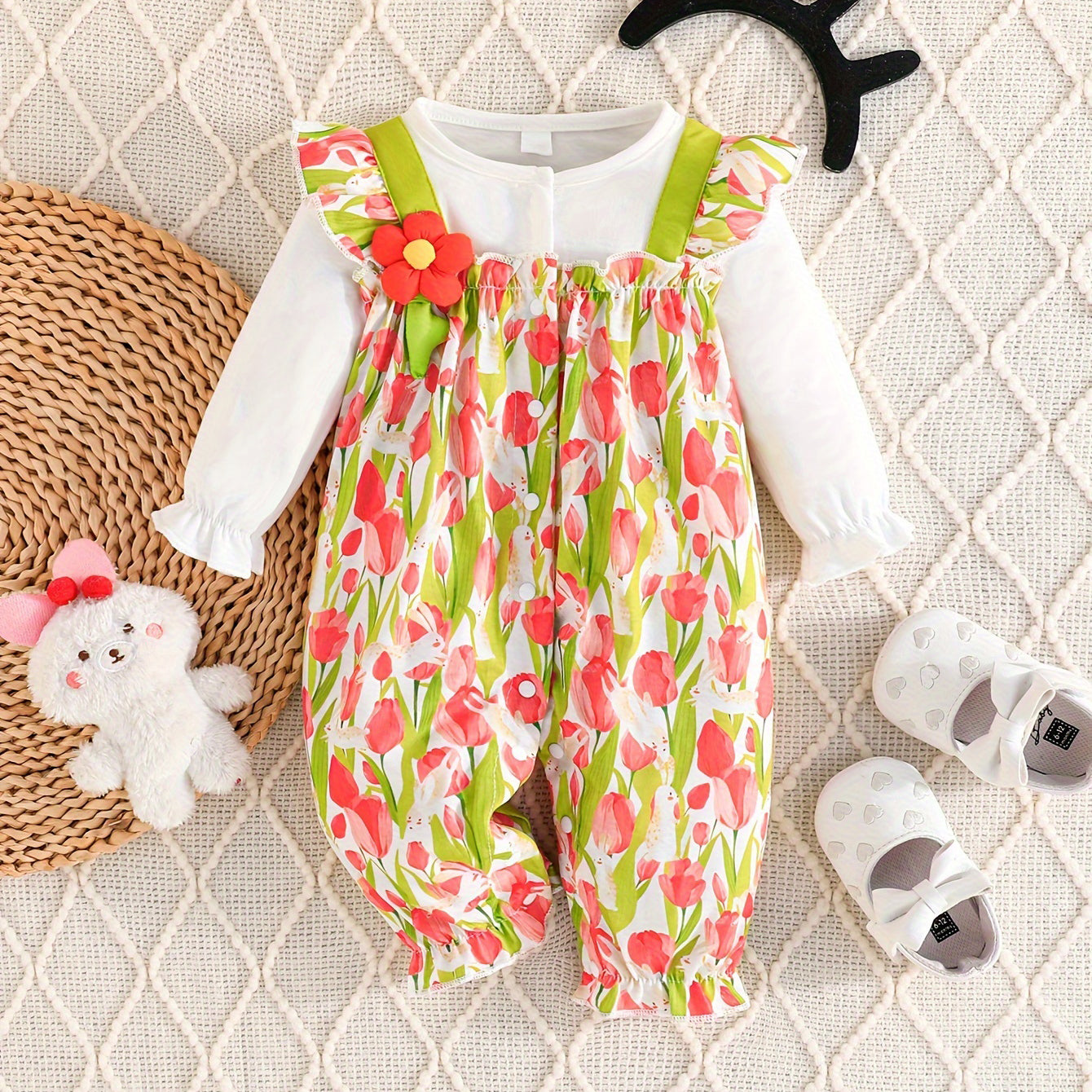 Pretty Tulip Printed Faux Two-piece Long Sleeve Baby Jumpsuit