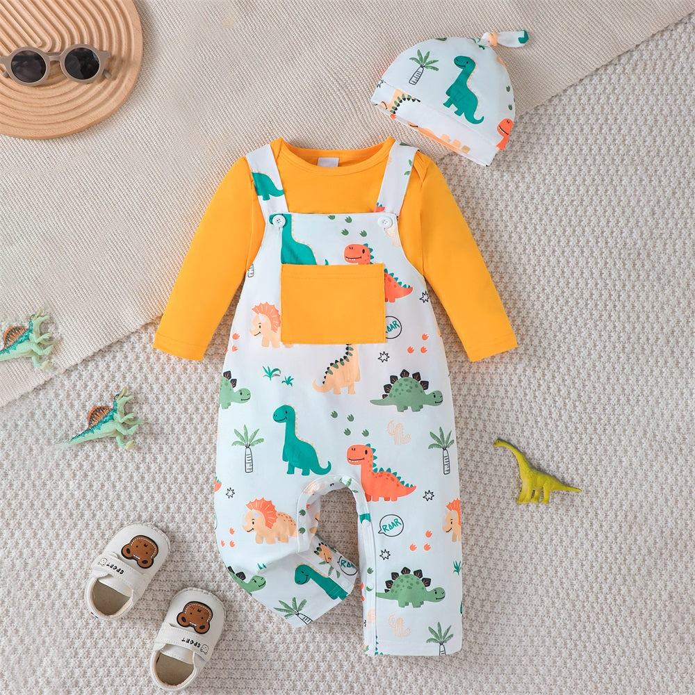 3PCS Casual Dinosaur Print Long Sleeve Baby Overalls Set