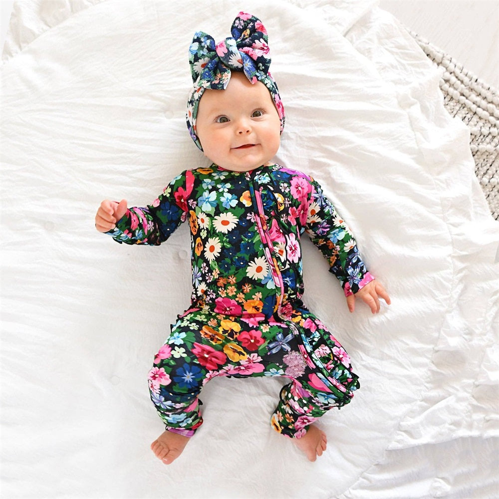 2PCS Allover Floral Print Ruffle Long Sleeve Baby Jumpsuit