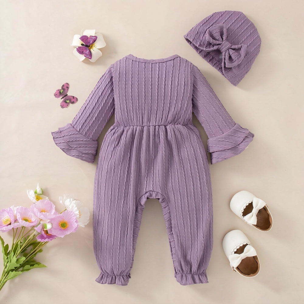 2PCS Winsome Solid Color Long Sleeve Baby Girl Jumpsuit