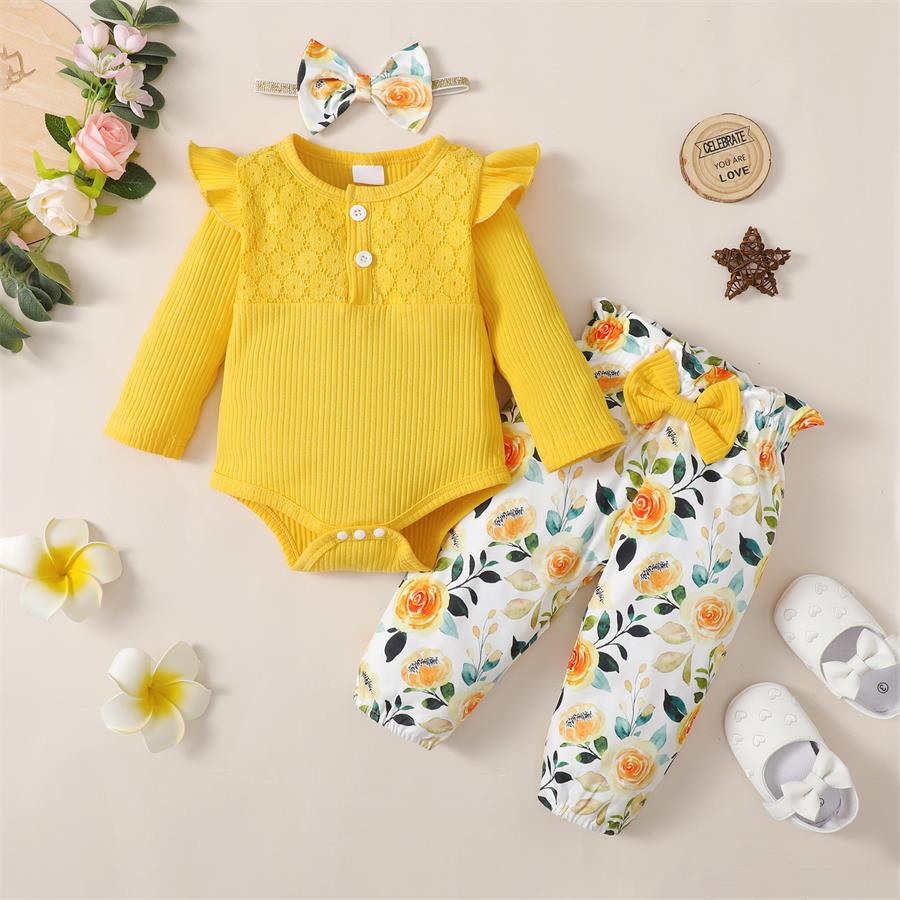 3PCS Cute Floral Printed Bow Long Sleeve Baby Set