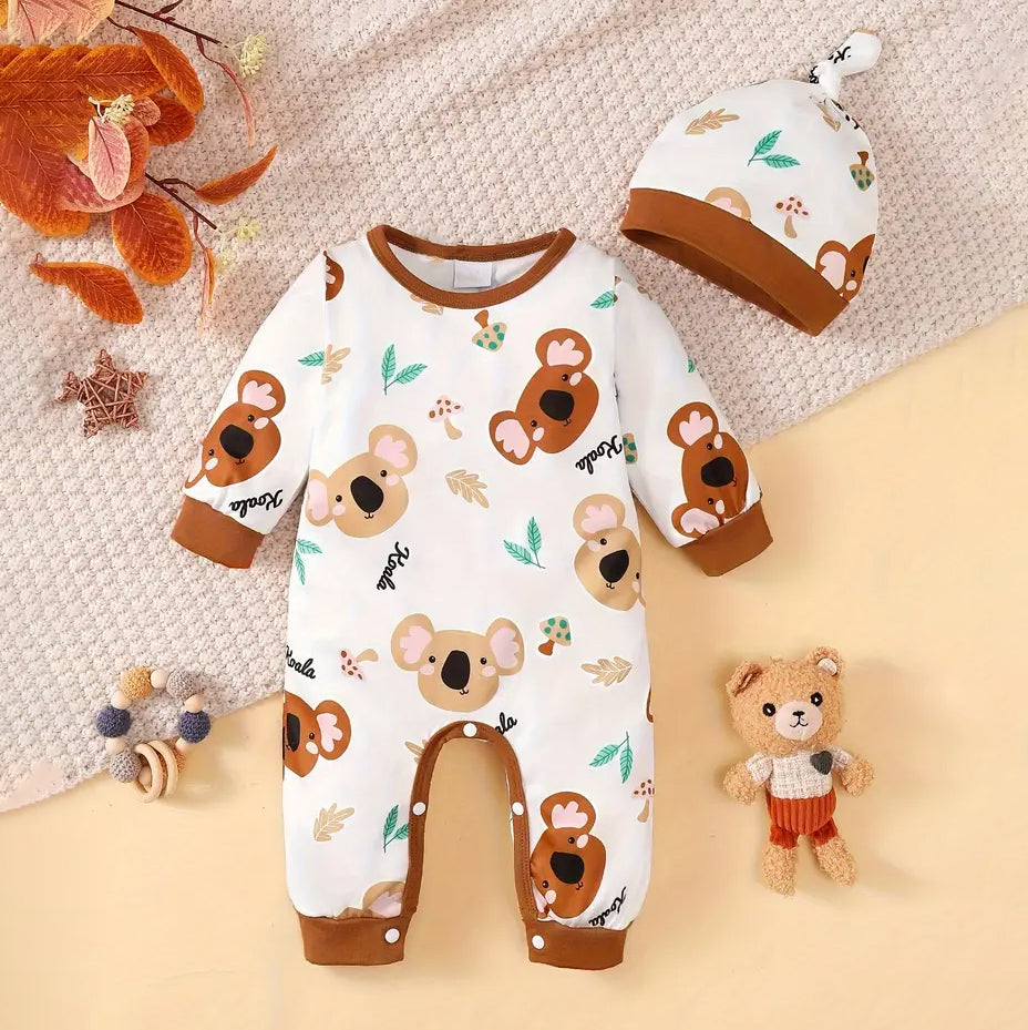 2PCS Comfortable Koala Printed Long Sleeve Baby Jumpsuit