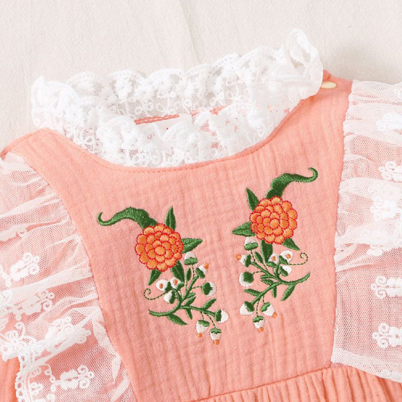 Lovely Floral Printed Lace Long Sleeve Baby Jumpsuit