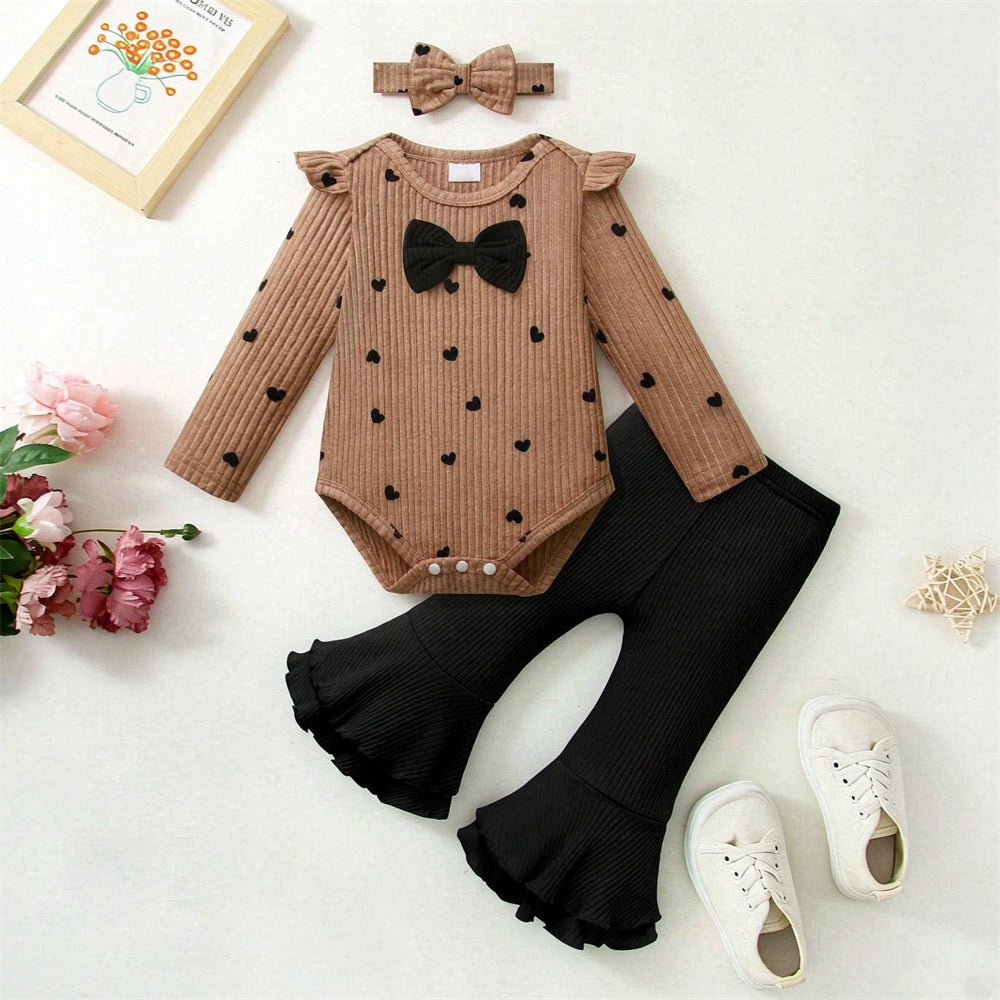 3PCS Grace Heart Printed Long Sleeve Baby Set