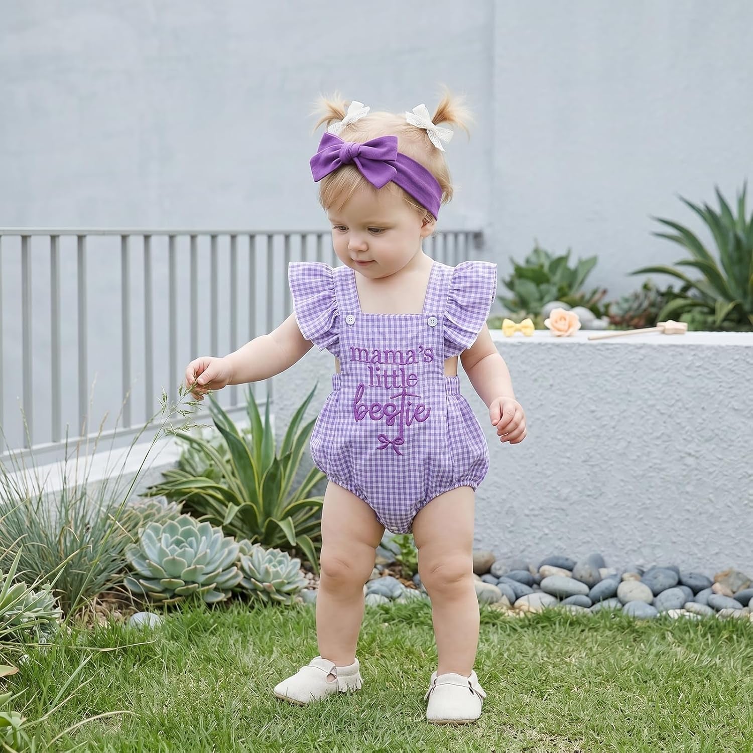 2PCS Mama's Little Bestie Letter Plaid Printed Baby Romper