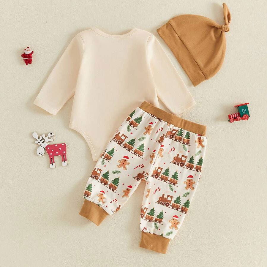 3PCS My First Christmas Letter Gingerbread Printed Long Sleeve Baby Set