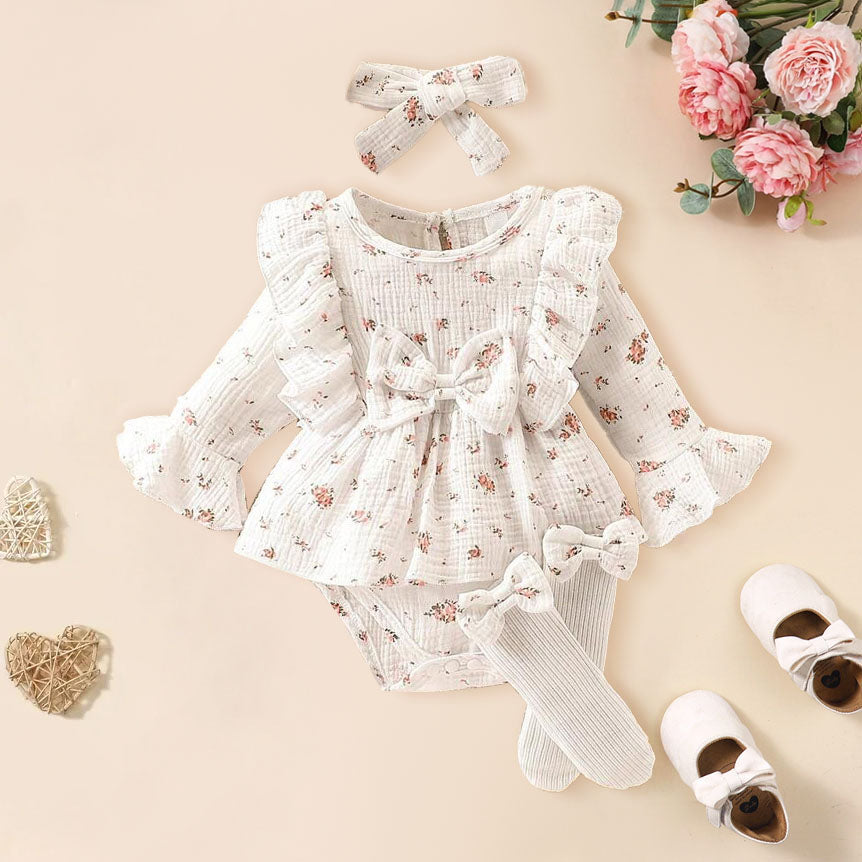 3PCS Floral Printed Bow Long Sleeve Baby Girl Romper