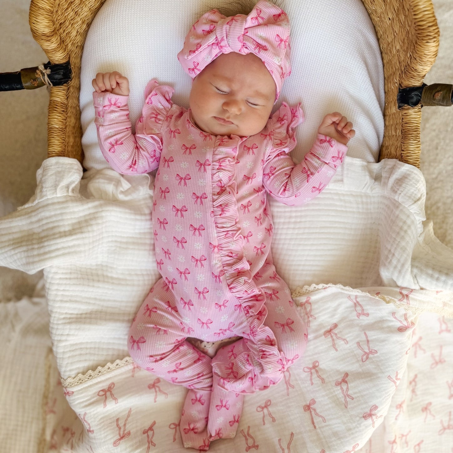 2PCS Adorable Bow Print Long Sleeve Zipper Baby Jumpsuit