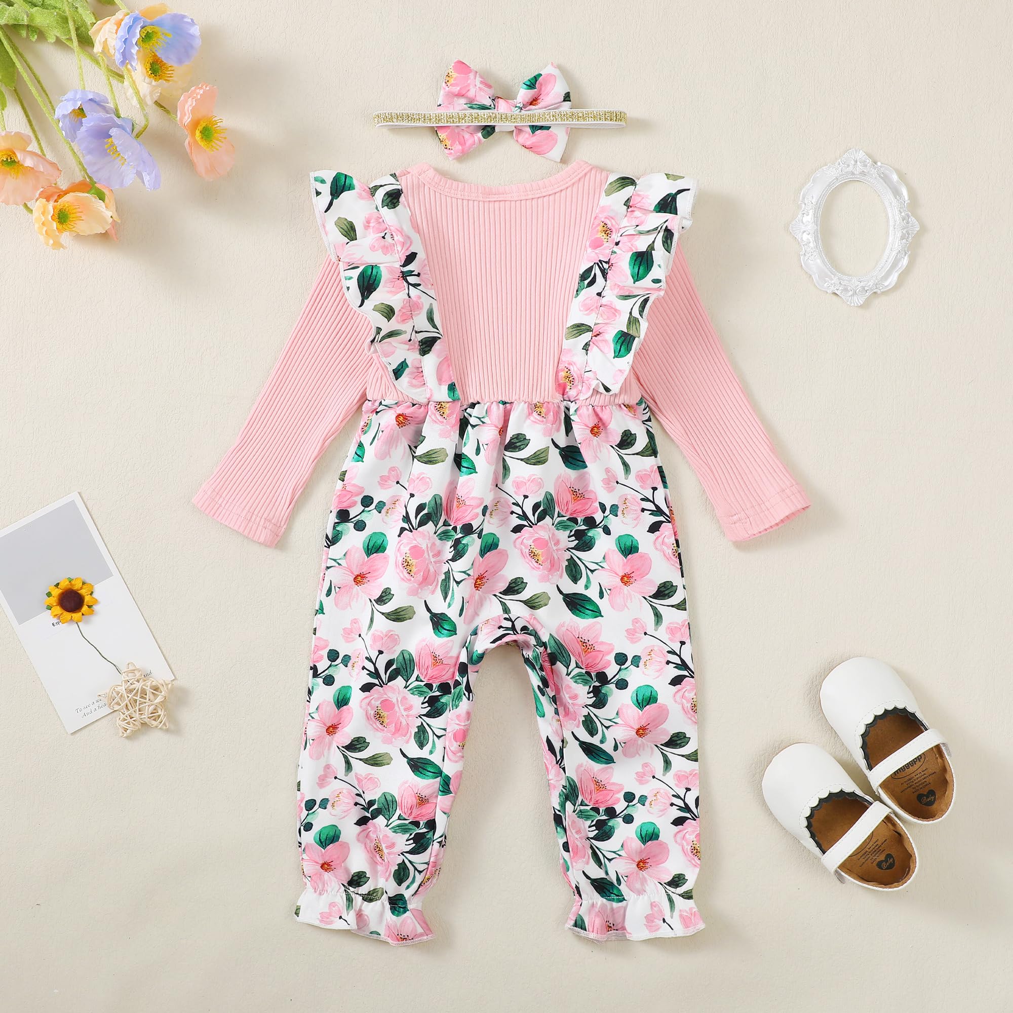 2PCS Pretty Floral Printed Bowknot Long Sleeve Baby Jumpsuit