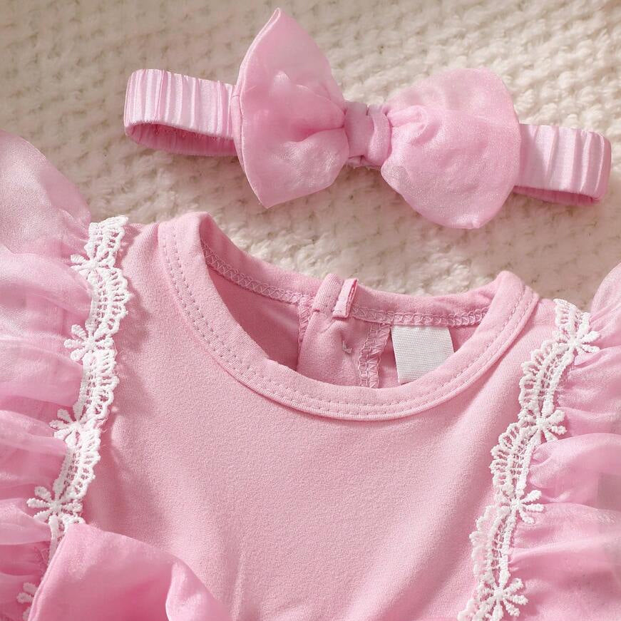 3PCS Pretty Solid Color Tulle Flounce Sleeve Baby Dress