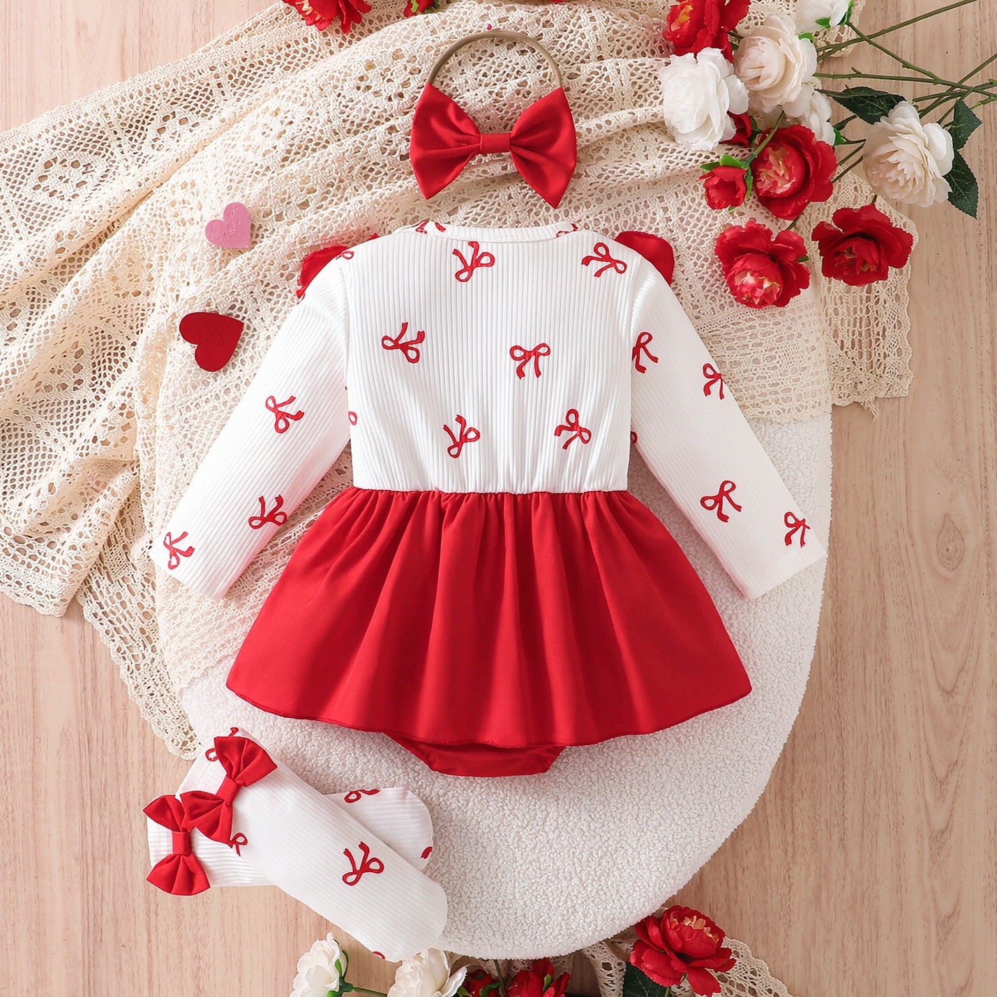 3PCS Pretty Bow Print Ruffle Long Sleeve Baby Girl Romper